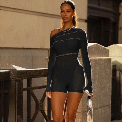 Clothing Autumn Winter Clothing Shoulder Jacquard Long Sleeve Fishnet Clothes Skinny Romper