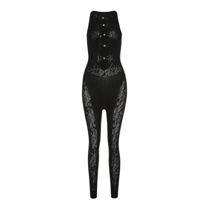 Spring Jacquard Fishnet Clothes Color Hollow Out Cutout Out High Elastic Tight Jumpsuit