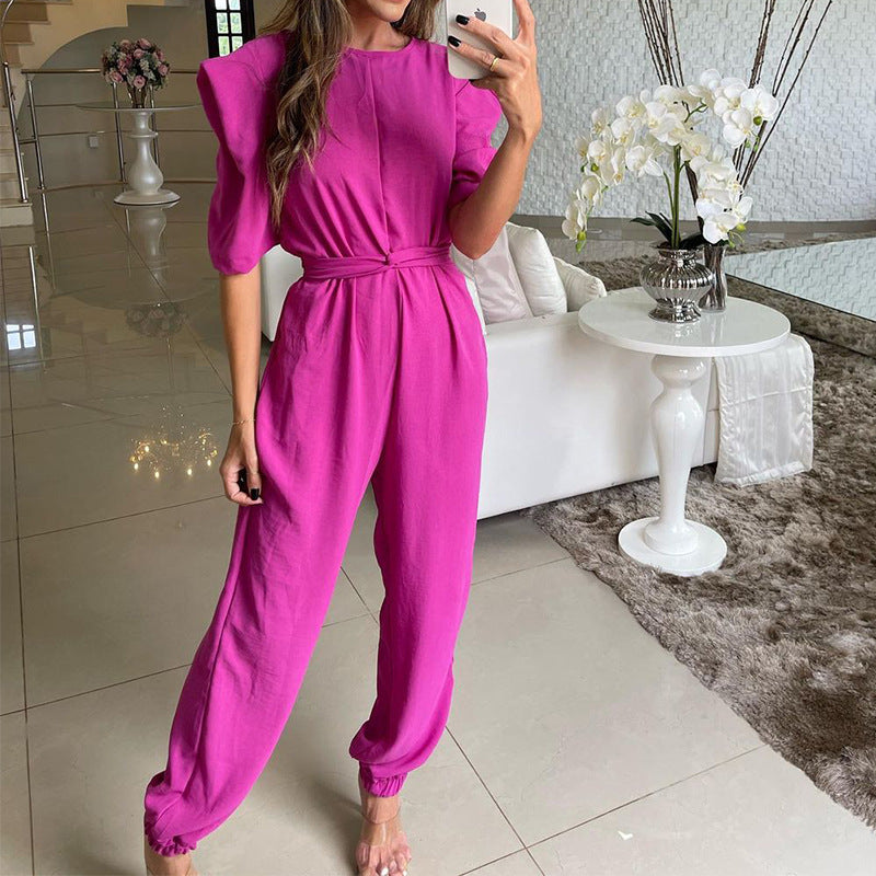 Spring Crew Neck Half Sleeve Color Skinny Jumpsuit