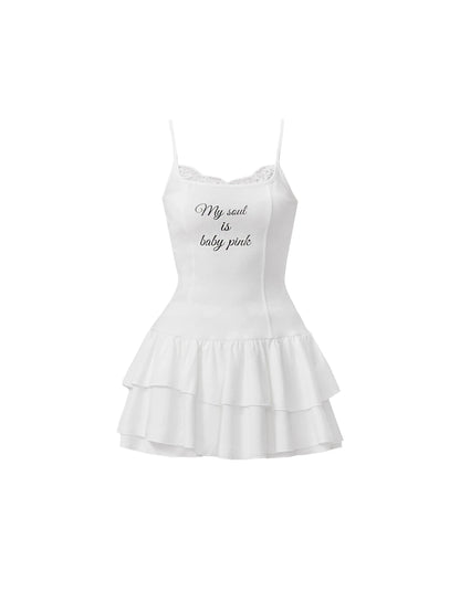 White Ruffled Spaghetti Strap Mini Dress With Slogan Print