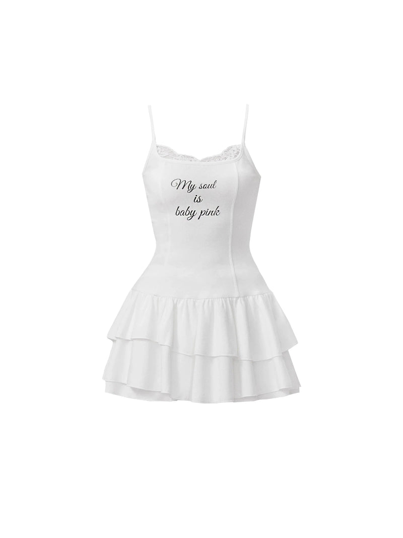 White Ruffled Spaghetti Strap Mini Dress With Slogan Print