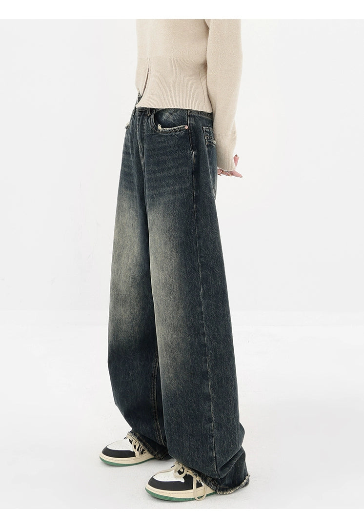 High Street Deep Blue Wide-leg Denim Pants