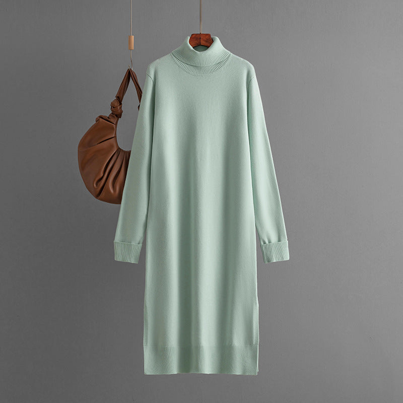 Clothing Autumn Winter Color Turtleneck Knitting Sweater Slit Bottoming Dress