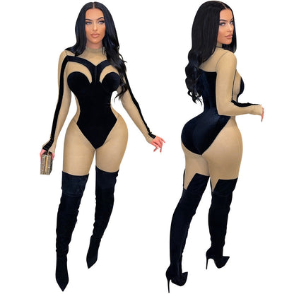 See-through Velvet Tight Slimming Sheath Jumpsuit