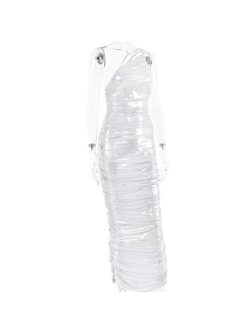 Metallic Coated One Shoulder Sheath Knitted Coated Dress