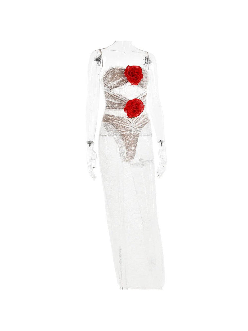 Lace Rose Tube Cutout See Through Maxi Dress