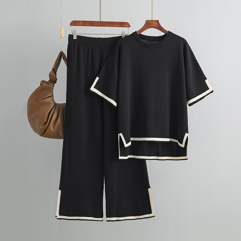 Outfit Contrast Color Split Short Sleeve Sweater High Waist Slimming Wide Leg Pants Trousers Two Piece Set