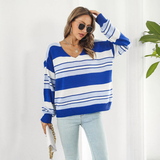 Striped Gradient Color V Neck Long Sleeved Loose Autumn Winter Knitwear Sweater