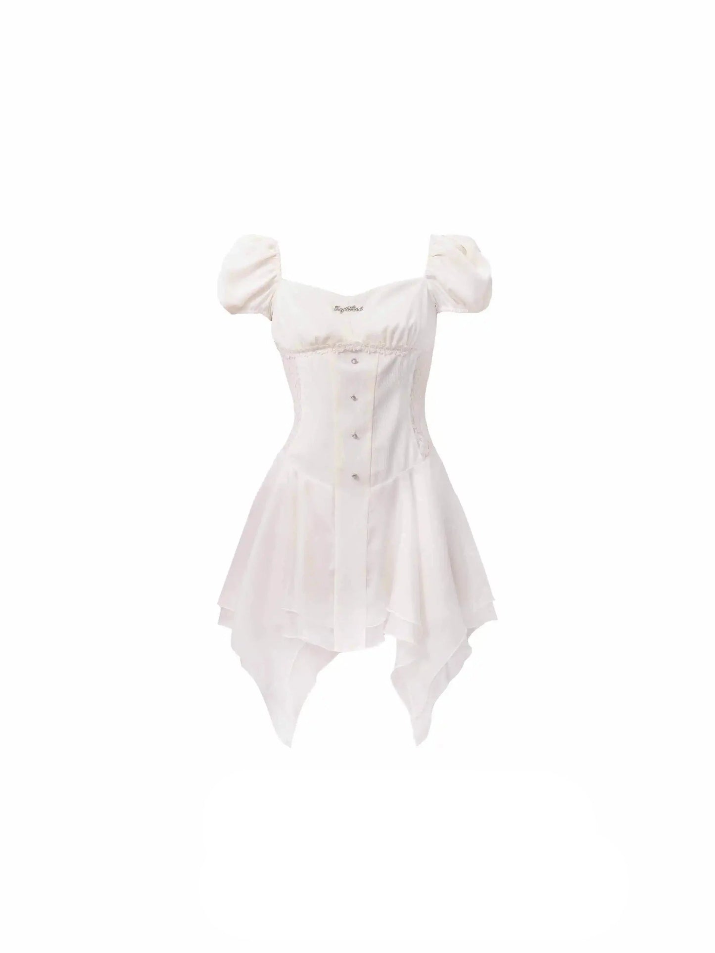 Romantic White Puff Sleeve Mini Dress - Corset-style Bodice With Handkerchief Hem