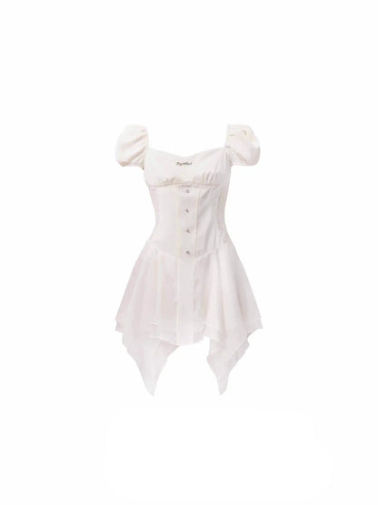 Romantic White Puff Sleeve Mini Dress - Corset-style Bodice With Handkerchief Hem