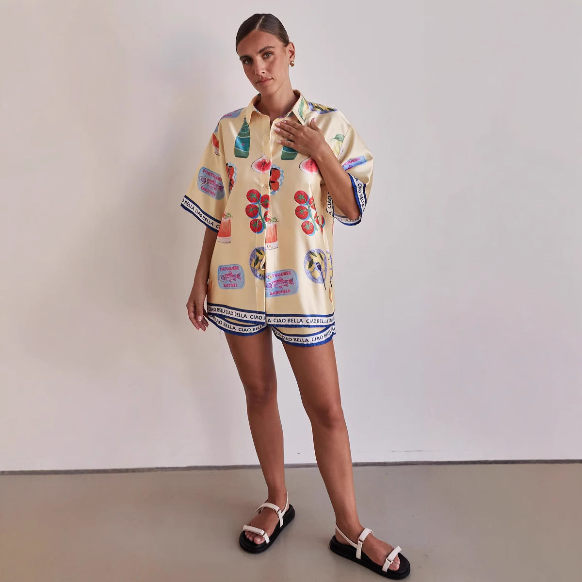 Summer Homewear Cartoon Collared Cardigan Short Sleeve Shorts Sets