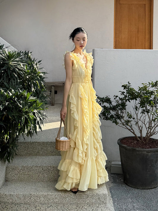 Sunset Ruffle Asymmetrical Maxi Dress Romantic Flowy Vacation Look Gunne Sax Dress