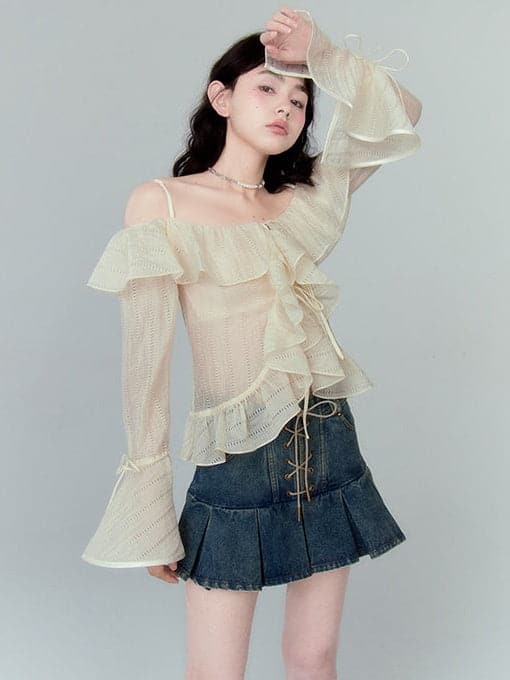 High Waist Pleated Skirt With Lace-up Detail