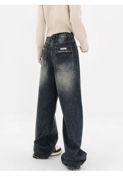 High Street Deep Blue Wide-leg Denim Pants
