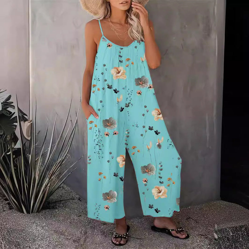 Spring Summer Suspender Trousers Autumn Best Printed Sleeveless Jumpsuit