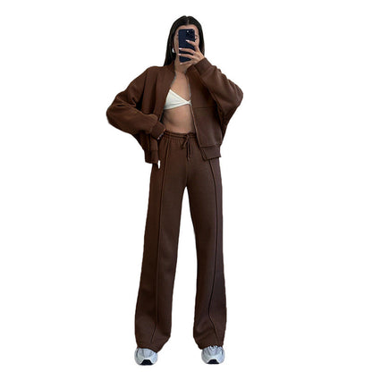 Autumn Winter Color Zipper Cardigan Sweater Straight Pants Set