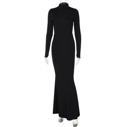 Autumn Color Half Collar Long Sleeve Personalized Bare Back Maxi Dress