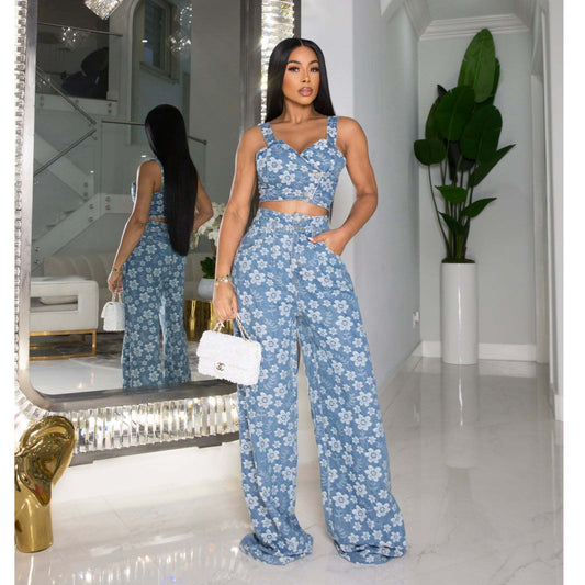 Autumn Winter Clothing Denim Jacquard Suit Nightclub Wrapped Top Wide Leg Pants Suit