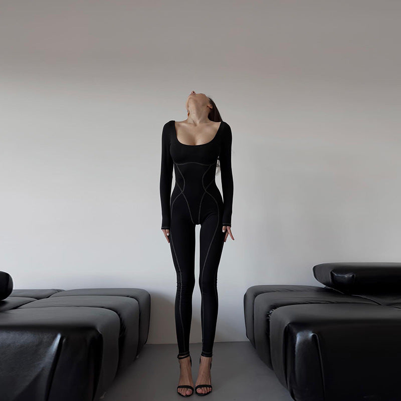 Autumn Clothing Street Personalized Slim Fit Square Collar Split Jumpsuit