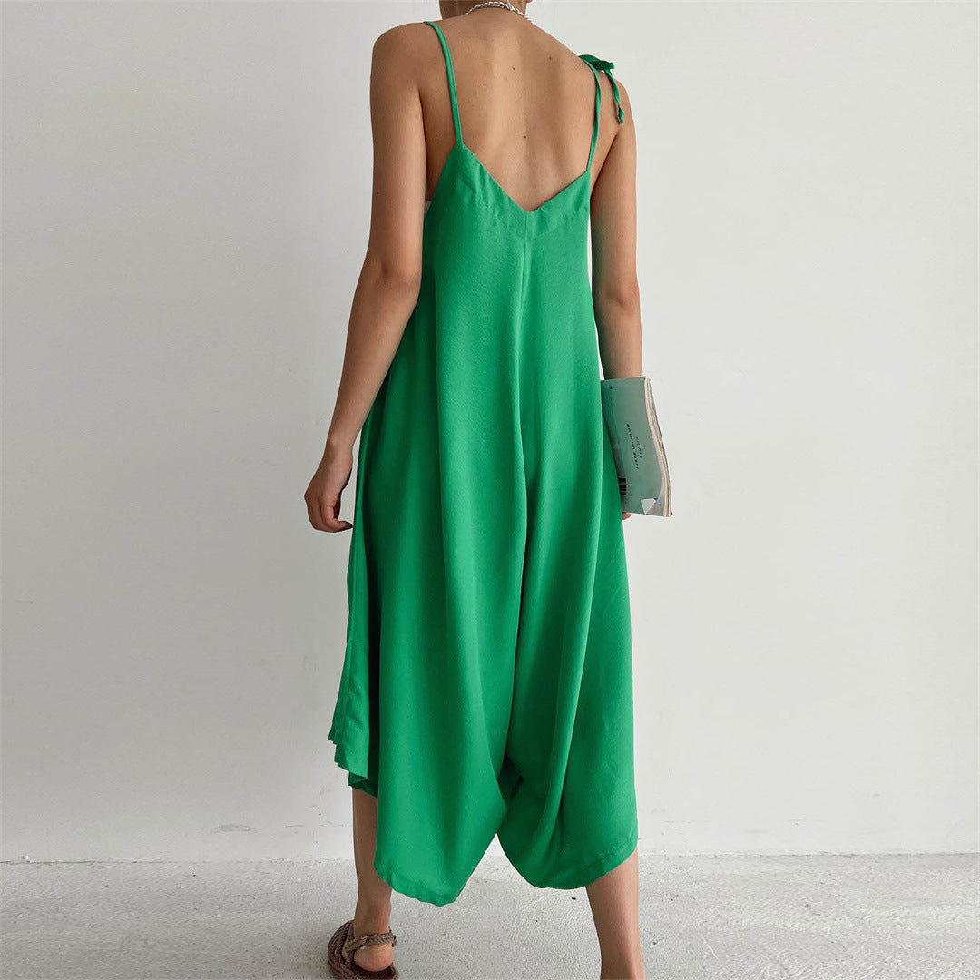 Summer Color Overalls Loose Fitting Wide Leg Trousers Sling Backless Sleeveless Jumpsuit