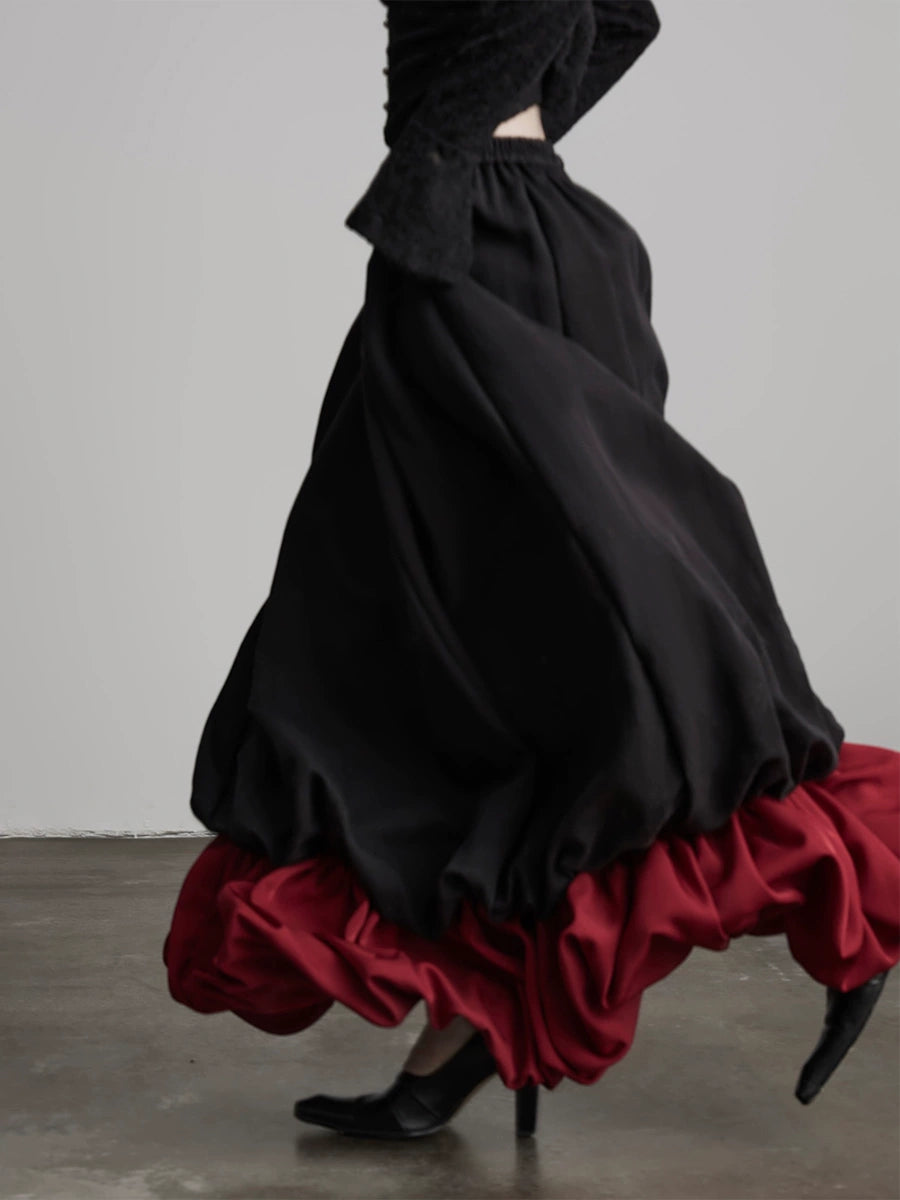 Black Patchwork Faux Two-piece A-line Skirt