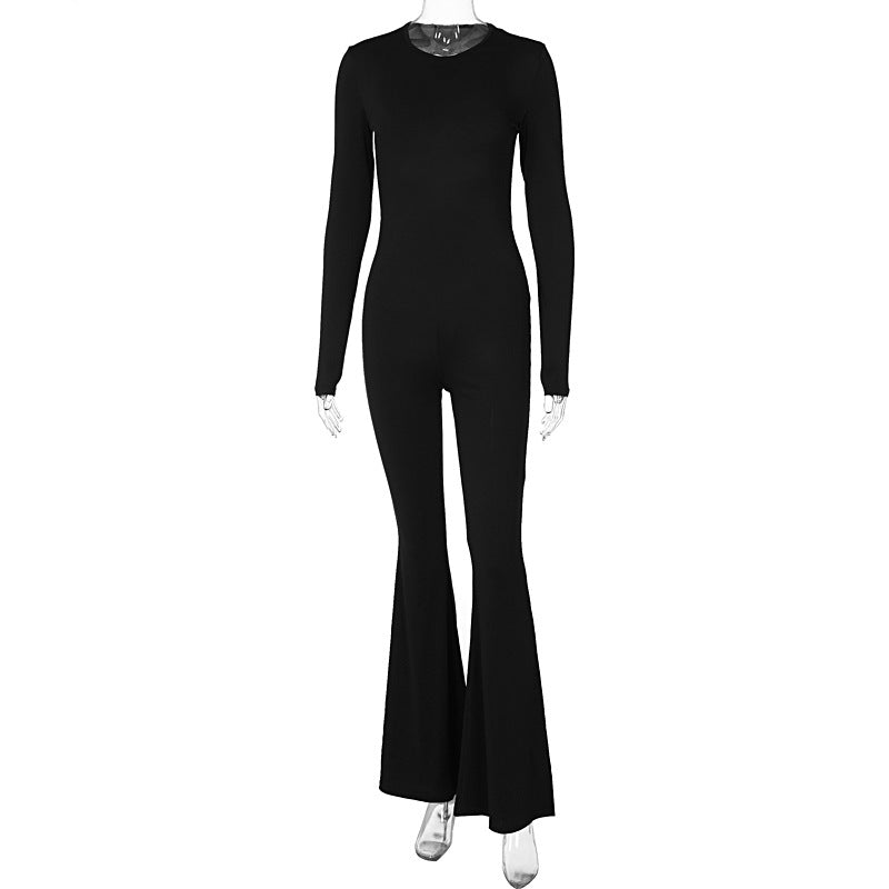 Autumn Winter Backless Long Sleeves Bell Bottom Pants Slim Fit Hip Raise Jumpsuit