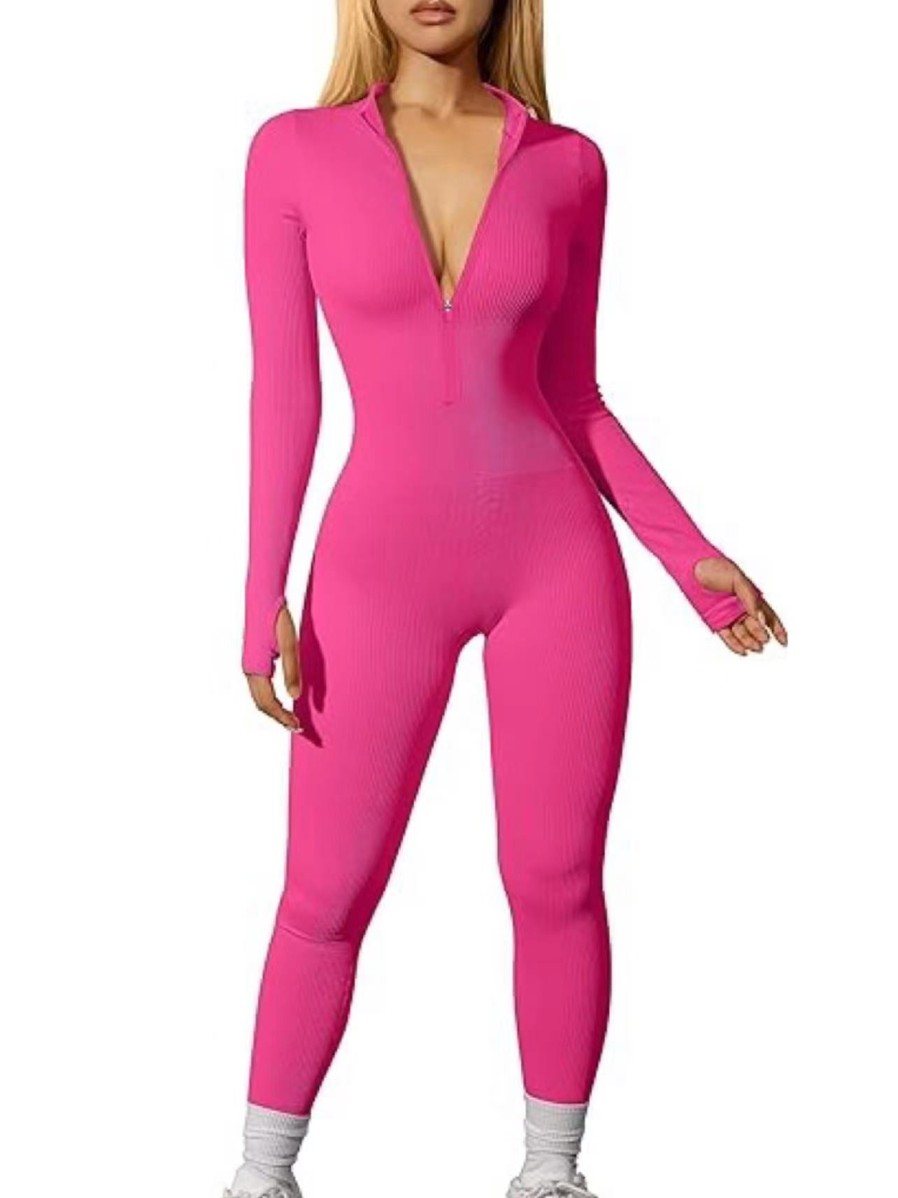 Sports Jumpsuit Workout Ribbed Long Sleeve Zipper Jumpsuit Trousers Tight