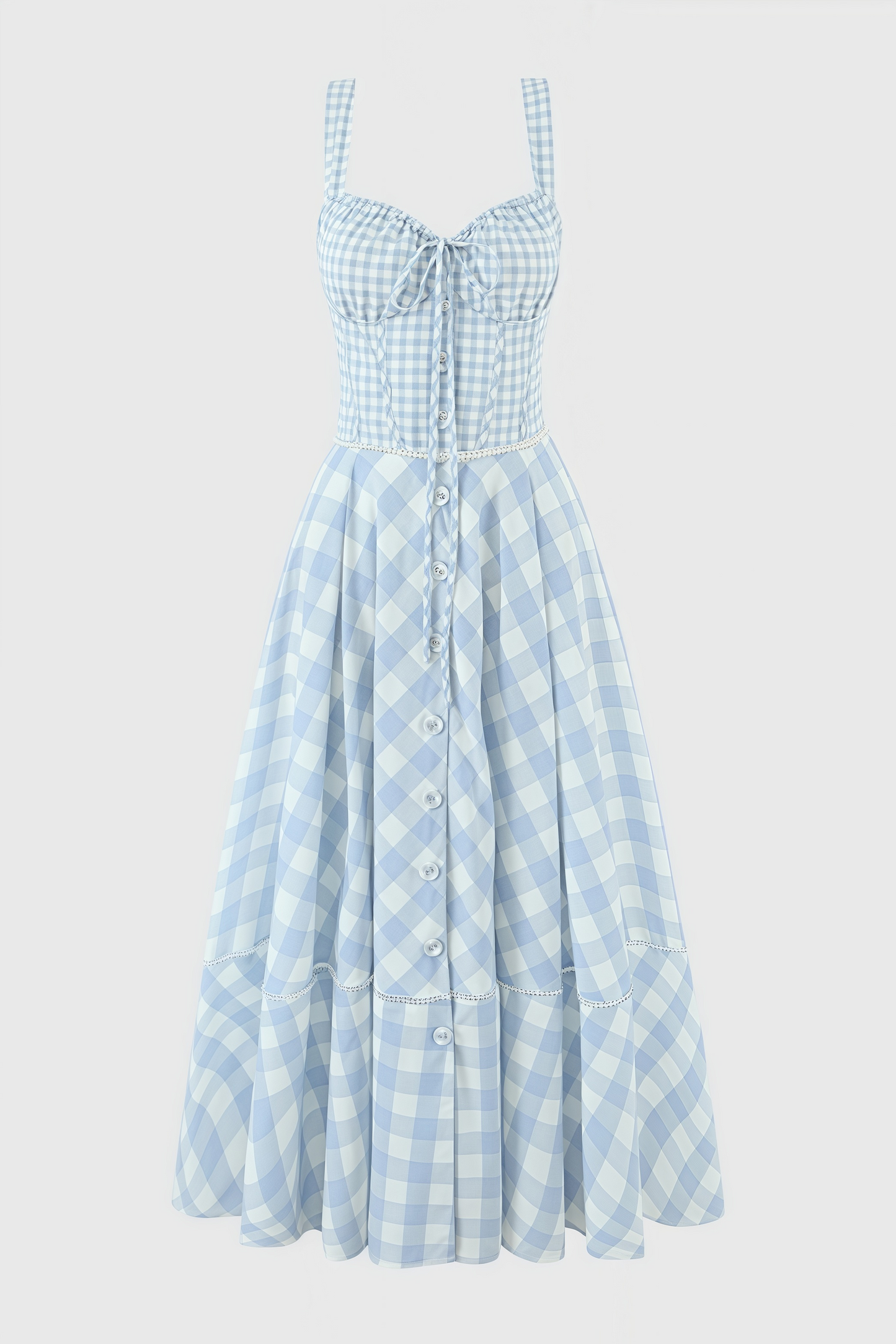 Azurt Blue Gingham Stretch Cotton Midi Dress Set
