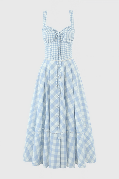 Azurt Blue Gingham Stretch Cotton Midi Dress Set