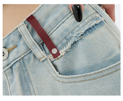 Light Blue Loose Straight Wide-leg Denim Pants With Embroidery Design