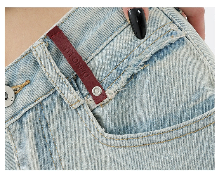 Light Blue Loose Straight Wide-leg Denim Pants With Embroidery Design