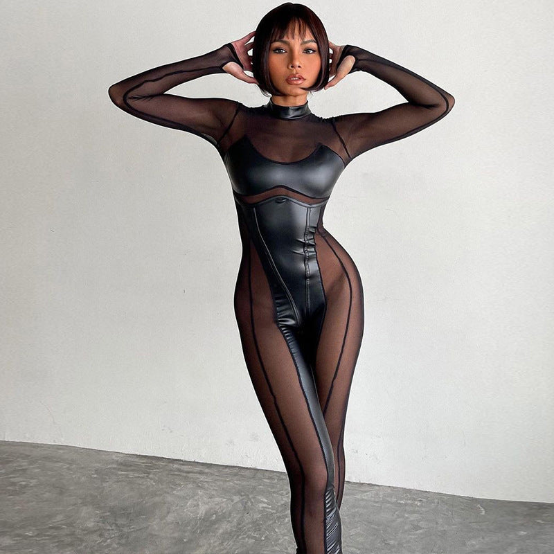 Clothing Autumn Stitching Mesh Round Neck Back Long Sleeve Zipper Jumpsuit