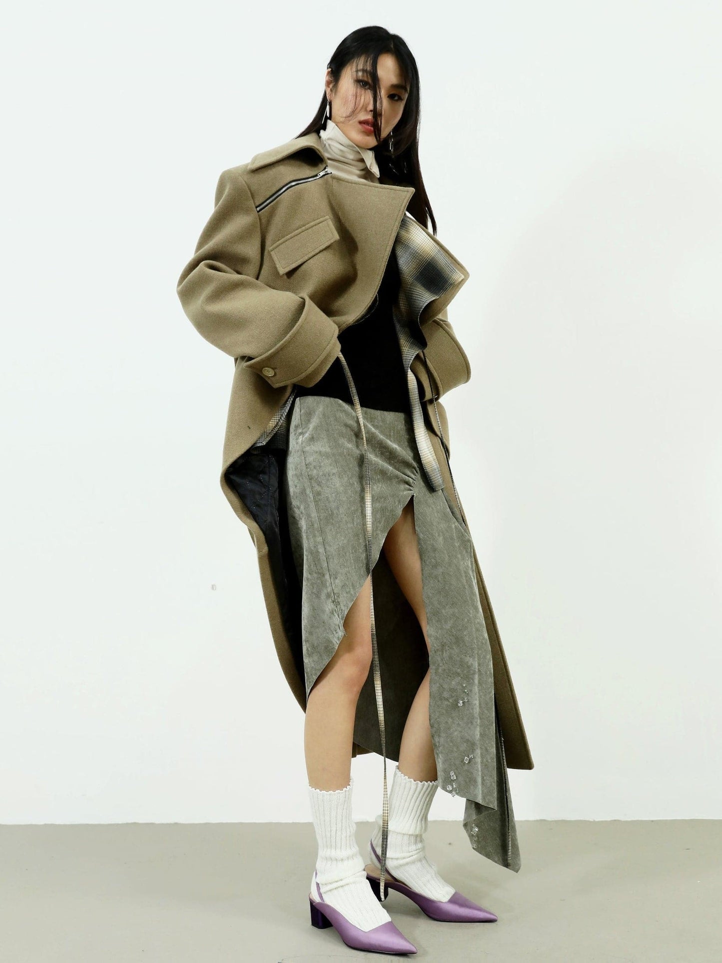 Asymmetric Woolen Coat With Faux Layered Look