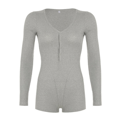 Autumn Winter Clothing Color Buttons Deep V Plunge Neck Sports Workout Long Sleeve Romper