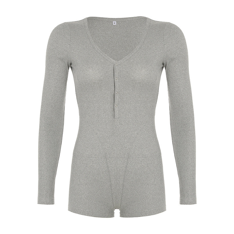 Autumn Winter Clothing Color Buttons Deep V Plunge Neck Sports Workout Long Sleeve Romper