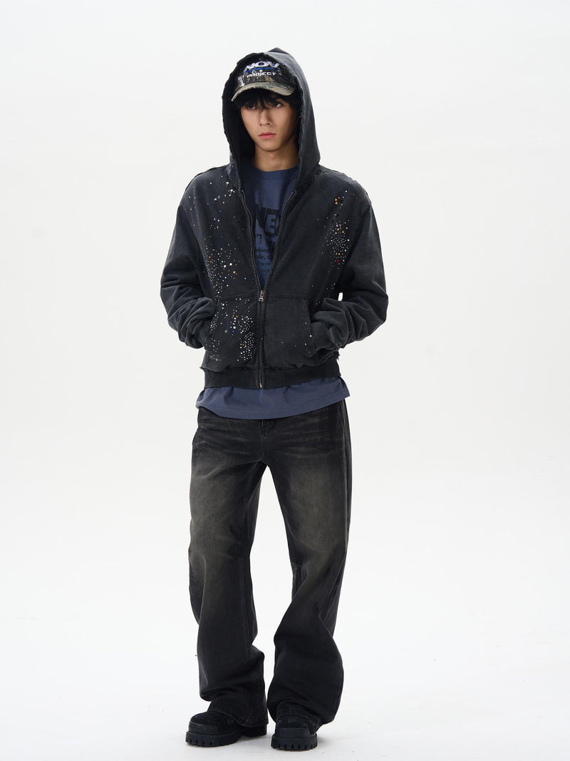 Black Distressed Zip-up Hooded Sweatshirt