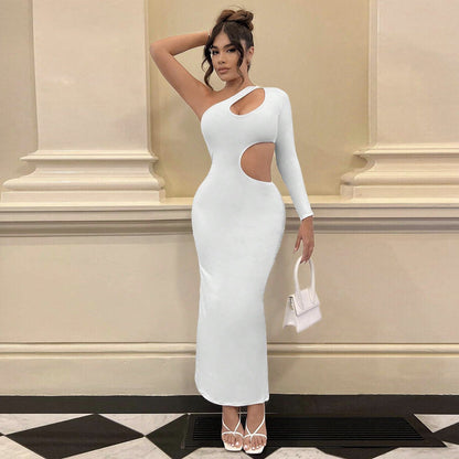 One Shoulder Diagonal Collar Long Sleeve Dress Fall Clothing Cutout Maxi Dress