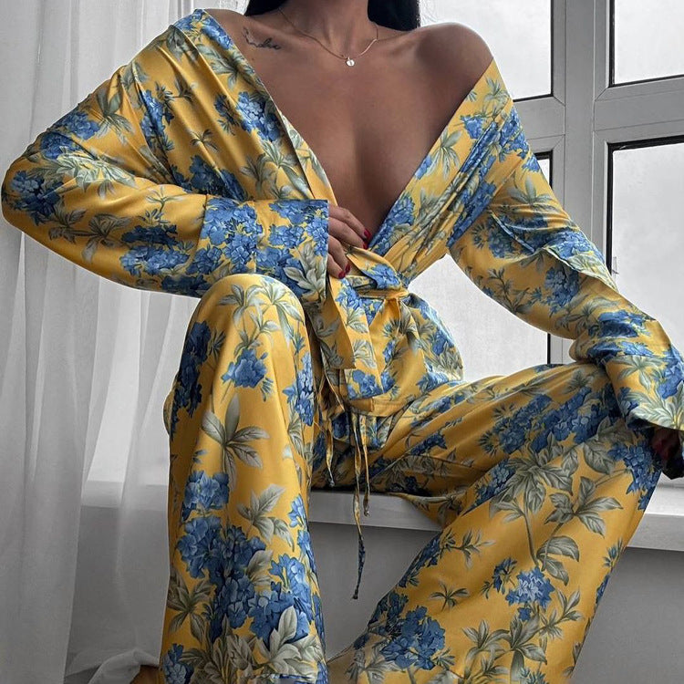 Autumn Winter Satin Printed Long Sleeve Lace Up Two Piece Set High Waist Wide Leg Pants Set