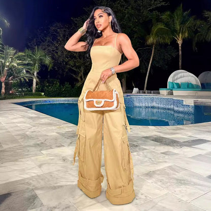 Clothing Tube Top Multi Pocket Workwear Jumpsuit Wide Leg Jumpsuit