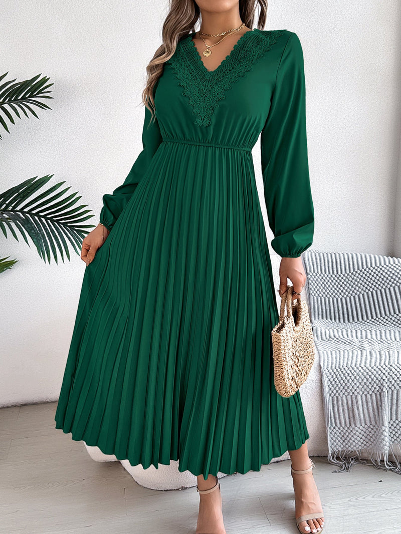 Spring Summer V Neck Lace Cinched Pleated Maxi Dress Clothing