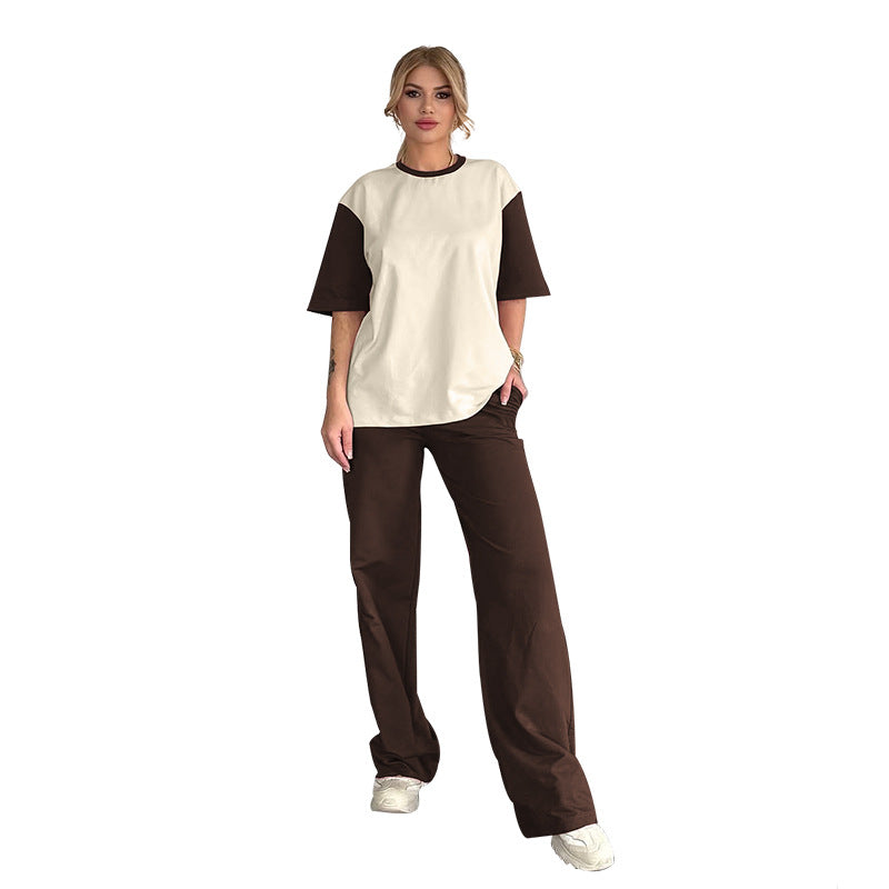Summer Contrast Color Round Neck Short Sleeved T Shirt Wide Leg Pants Two Piece Sets