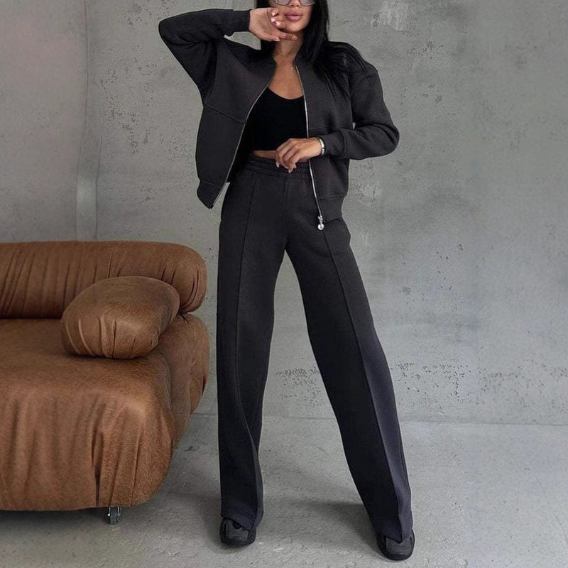 Autumn Winter Zipper Jacket Wide Leg Pants Two Piece Set