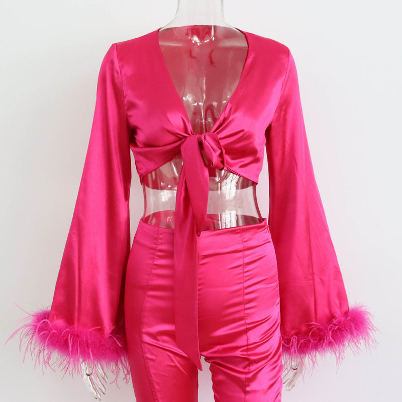 Satin Set Feather V Neck Patchwork Lace Up Short Top Hip Skirt Slit Pants