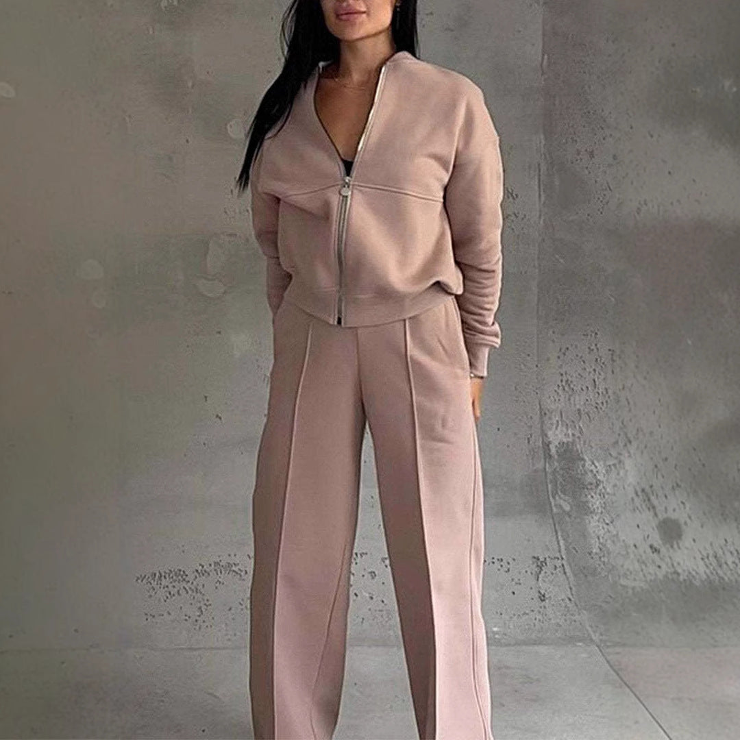 Autumn Winter Zipper Jacket Wide Leg Pants Two Piece Set