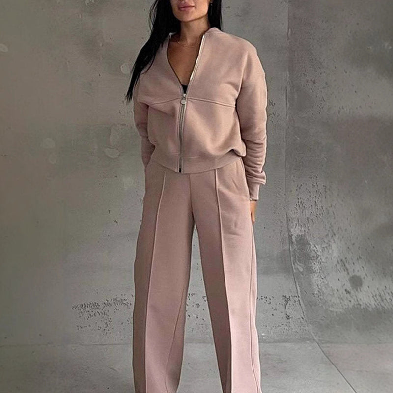 Autumn Winter Zipper Jacket Wide Leg Pants Two Piece Set