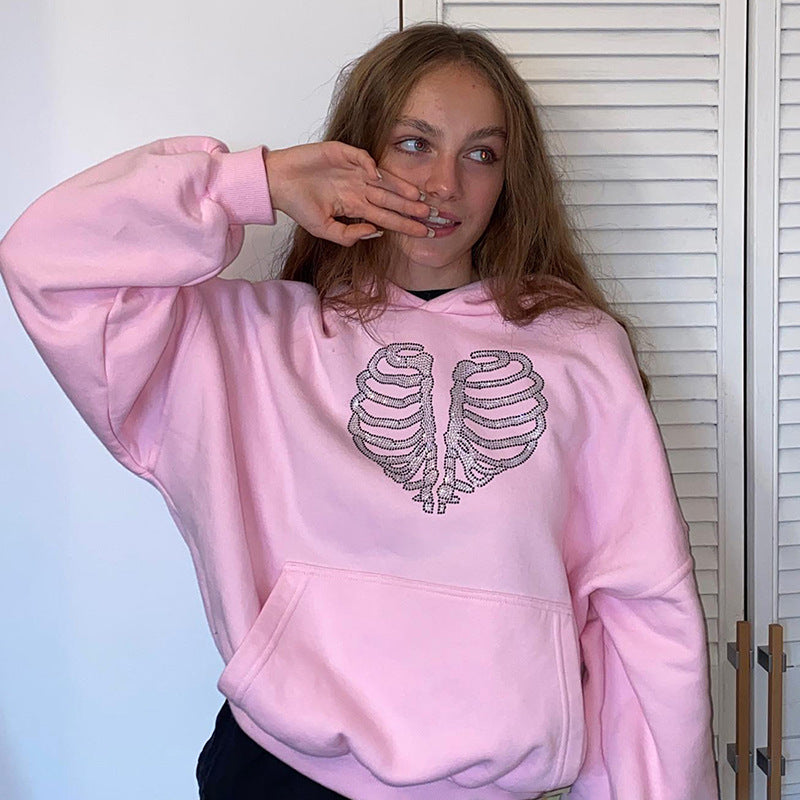 Skeleton Rhinestone Loose Hooded Sweatshirt Top Autumn Winter