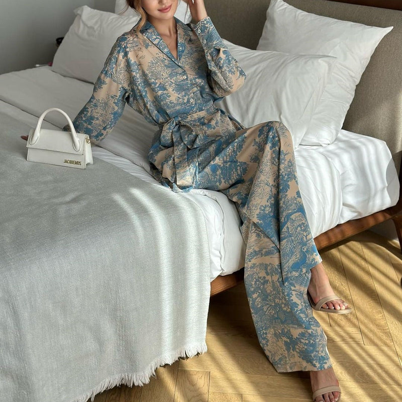 French Print Long Sleeve Lace Up Shirt High Waist Wide Leg Pants Sets