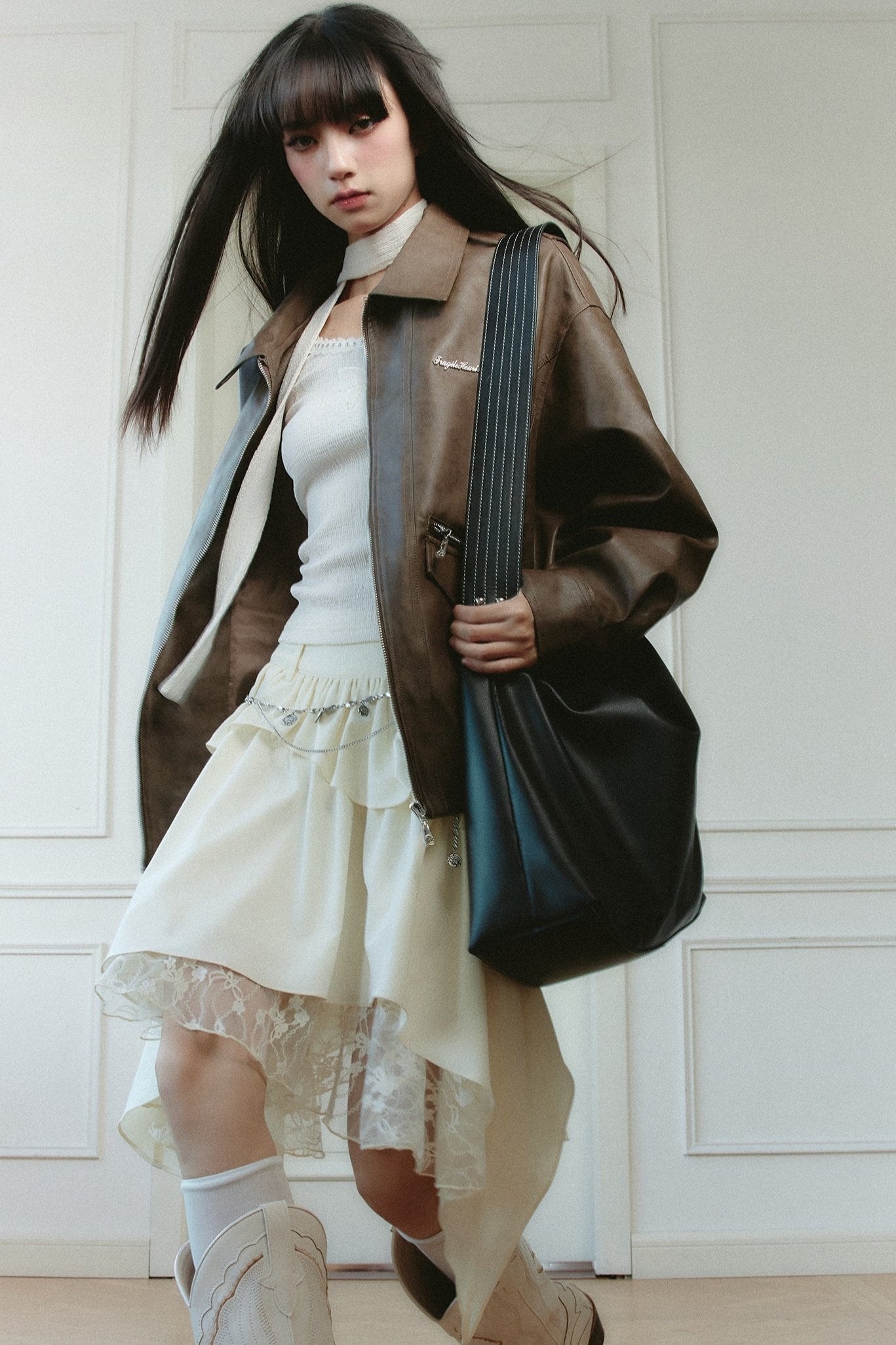 Ethereal Ivory Ensemble: Asymmetric Ruffled Midi Skirt & Choker-neck Fitted Sweater Set