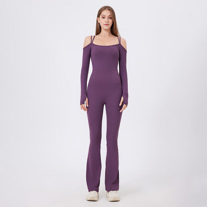Autumn Winter Tight Nude Feel Yoga Clothes With Chest Pad Long Sleeve Off the Shoulder Sports Fitness Running One Piece Bell Bottom Pants