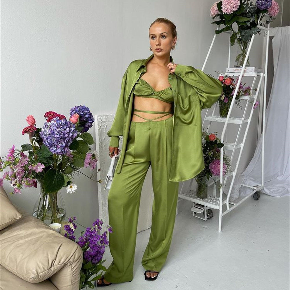 Wear Spring Summer Vacation Three Piece Suit Satin Shirt Vest Straight Leg Pants Suit